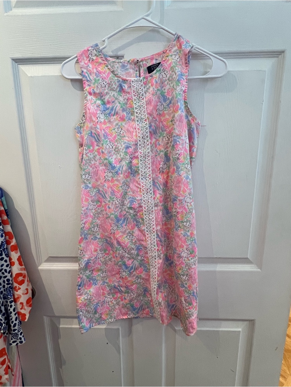 crown & ivy Pink Floral bunny Sleeveless Shift Dress with Lace Panel
